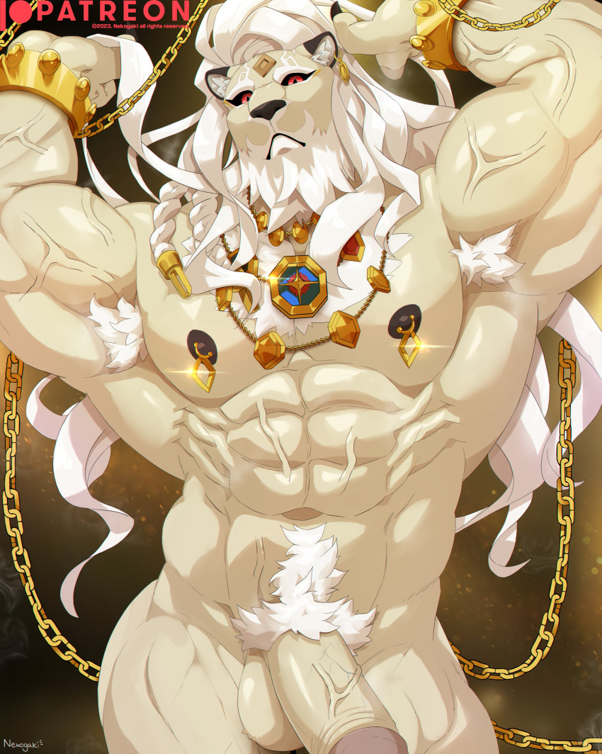 absurd_res anthro beard chain cuff_(restraint) dislyte facial_hair felid gold_(metal) gold_chain gold_cuffs hair hi_res javid_(dislyte) jewelry lion long_mane male mammal metal_cuffs muscular muscular_male necklace nekogaki0324 nipple_piercing nipples pantherine piercing pubes red_eyes restraints solo white_hair white_pubes