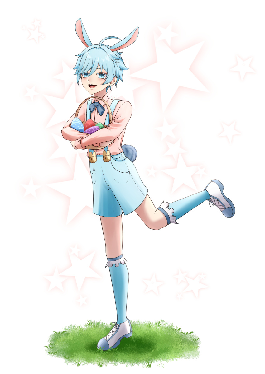 1boy absurdres ahoge animal_ears basket bishounen blue_eyes blue_hair blue_overalls blue_thighhighs bow bowtie chongyun_(genshin_impact) commentary_request crossed_arms easter_egg egg extra_ears genshin_impact hair_between_eyes highres holding holding_basket looking_to_the_side male_focus nezu_(nemuri_nezu) on_grass open_mouth outdoors overalls pink_shirt rabbit_ears rabbit_tail shirt short_hair simple_background smile standing standing_on_one_leg starry_background tail thighhighs