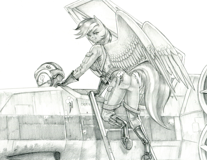 2023 anthro armor baron_engel boots breasts butt clothing cutie_mark equid equine eyebrows feathered_wings feathers female footwear friendship_is_magic gloves graphite_(artwork) handwear hasbro headgear helmet ladder looking_at_viewer looking_back looking_back_at_viewer mammal monochrome my_little_pony pegasus pencil_(artwork) rainbow_dash_(mlp) solo star_wars traditional_media_(artwork) unguligrade_anthro vehicle wings x-wing