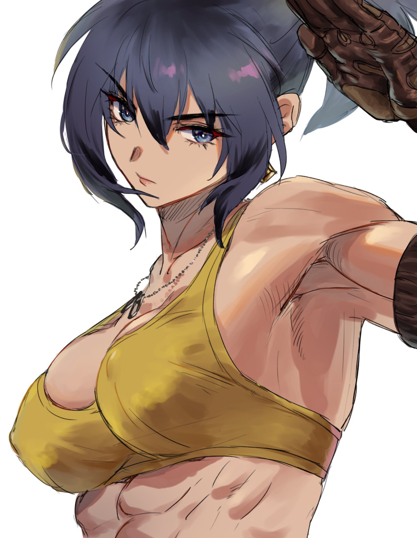 1girl abs arm_pouch beniazumaru blue_hair breasts covered_nipples crop_top dog_tags earrings highres jewelry leona_heidern muscular muscular_female ponytail salute simple_background soldier solo tank_top the_king_of_fighters the_king_of_fighters_xv triangle_earrings white_background yellow_tank_top