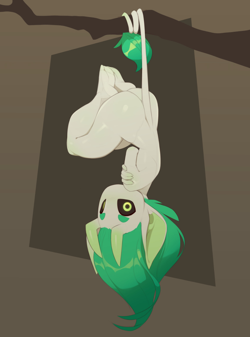 2023 areola barefoot belly big_ears black_sclera branch butt curvaceous curvy_figure feet female green_eyes green_hair hair hanging_by_tail hi_res horn huffslove humanoid imp lupa_(huffslove) not_furry nude rain_imp short_stack simple_background solo tail tail_tuft tuft upside_down voluptuous white_body wide_eyed wide_hips