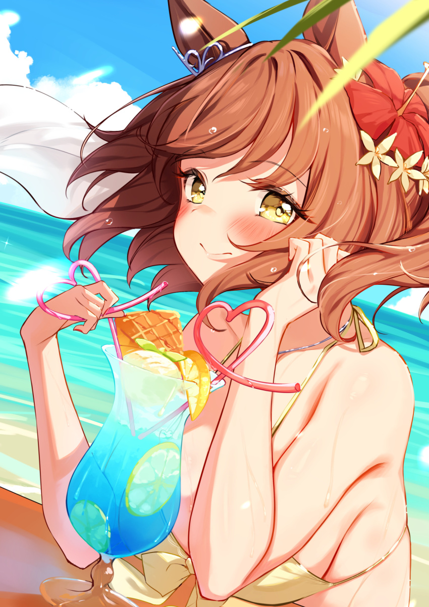 1girl aston_machan_(umamusume) beach blush breasts brown_hair cleavage cloud collarbone commentary_request cup drinking_glass drinking_straw green_eyes highres large_breasts lens_flare long_hair looking_at_viewer medium_hair ocean portrait pov saboten_mushi sky solo table umamusume wet
