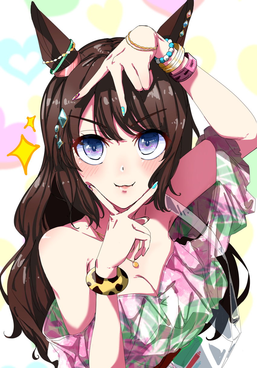 #summer_#besties_(umamusume) 1girl absurdres animal_ears bare_shoulders blush bracelet breasts cleavage closed_mouth commentary_request double_v ear_ornament ear_piercing floral_print hair_ornament heart heart_background highres horse_ears horse_girl jewelry long_hair looking_at_viewer medium_breasts multicolored_nails multiple_bracelets necklace nerukichikatafukuma official_alternate_costume piercing purple_eyes shirt smile solo tosen_jordan_(aurore_vacances)_(umamusume) tosen_jordan_(umamusume) umamusume v