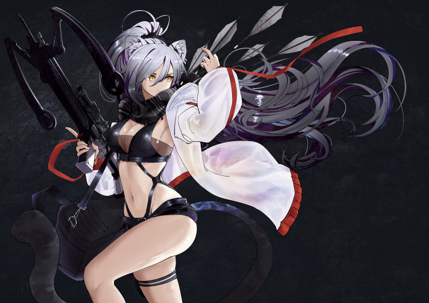 1girl absurdres animal_ear_fluff animal_ears arknights bare_legs black_background black_scarf black_shorts breasts cat_ears cat_tail cleavage commentary_request crop_top crossbow grey_hair hair_between_eyes highres holding holding_crossbow holding_weapon jacket kagazaki large_breasts long_hair long_sleeves micro_shorts midriff navel open_clothes open_jacket ponytail scarf schwarz_(arknights) shorts simple_background solo stomach tail thigh_strap thighs very_long_hair weapon white_jacket yellow_eyes