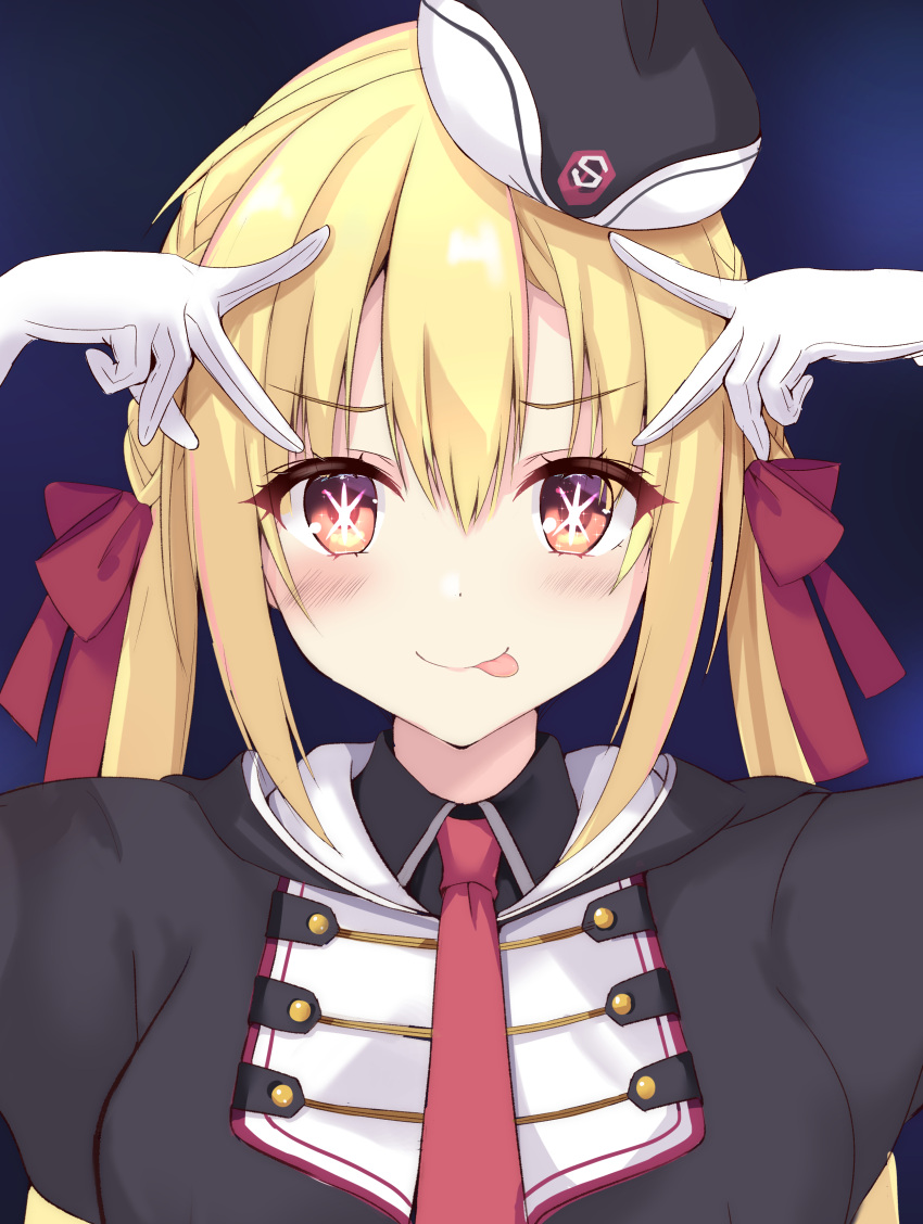 1girl :p absurdres arihara_nanami black_headwear black_jacket blonde_hair blue_background blush braid breasts chromatic_aberration closed_mouth commentary double-parted_bangs double_v eyelashes eyes_visible_through_hair garrison_cap gloves hair_between_eyes hair_ribbon hands_up hat highres hood hood_down hooded_jacket hoshino_ai's_pose jacket large_breasts long_hair looking_at_viewer low_twintails military military_uniform mini_hat necktie oshi_no_ko pose_imitation purunyara red_eyes red_necktie red_ribbon ribbon riddle_joker side_braids simple_background smile solo star-shaped_pupils star_(symbol) straight-on straight_hair symbol-shaped_pupils tongue tongue_out twintails uniform upper_body v v_over_head white_gloves