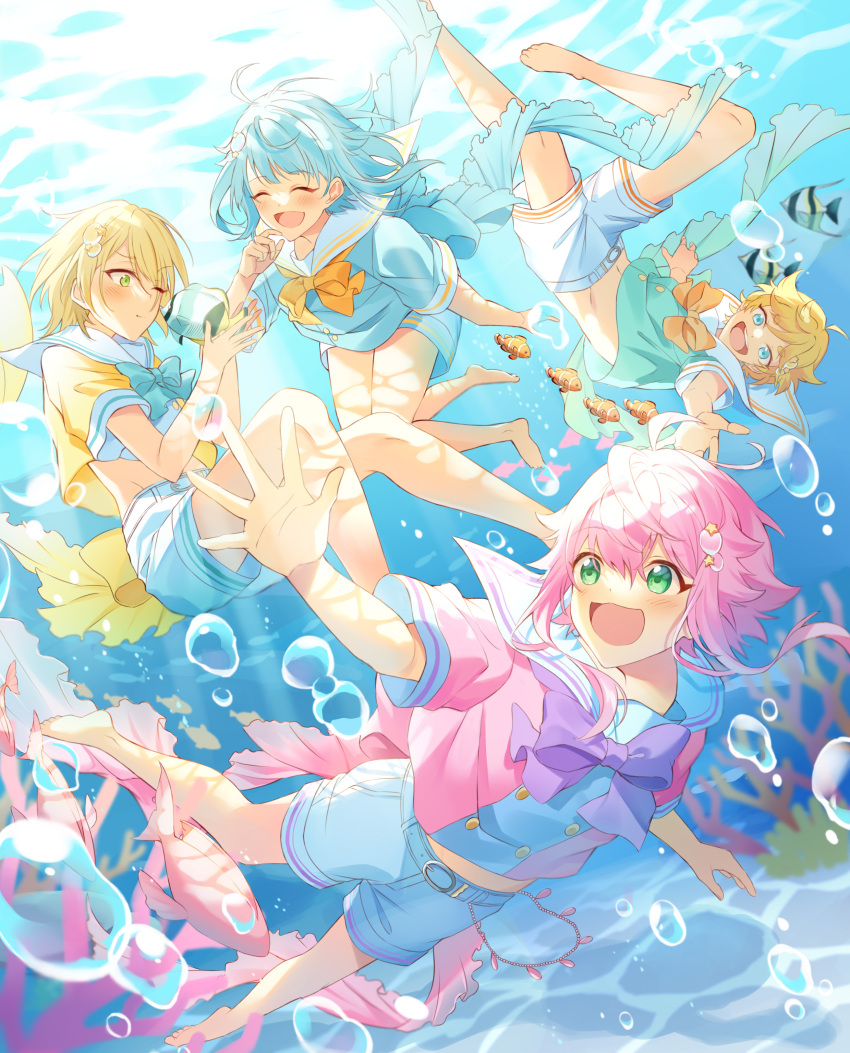 4boys absurdres alternate_costume androgynous best_shot_(ensemble_stars!) blue_eyes blue_hair branco_(ensemble_stars!) closed_eyes closed_mouth ensemble_stars! fish green_eyes harukawa_sora highres himemiya_tori light_blue_hair multiple_boys official_alternate_costume one_eye_closed open_mouth pink_hair shino_hajime shiratori_aira_(ensemble_stars!) short_hair smile tooka_4120 underwater