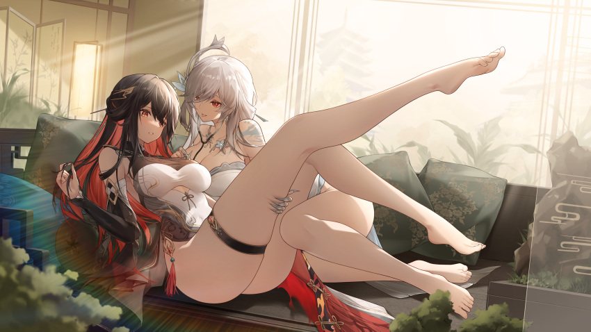 2girls absurdres aether_gazer bare_legs bare_shoulders barefoot black_hair black_sleeves breasts china_dress chinese_clothes claw_ring cleavage colored_inner_hair commentary_request couch detached_sleeves dress foot_up full_body hades_(aether_gazer) hand_on_another's_thigh highres holding holding_hair indoors jiusan_naitan light_rays lingguang_(aether_gazer) long_hair looking_at_another lying multicolored_hair multiple_girls on_side open_mouth parted_lips pillow plant red_eyes red_hair shoulder_tattoo sleeveless sleeveless_dress stethoscope tattoo thigh_strap two-tone_hair white_dress yuri