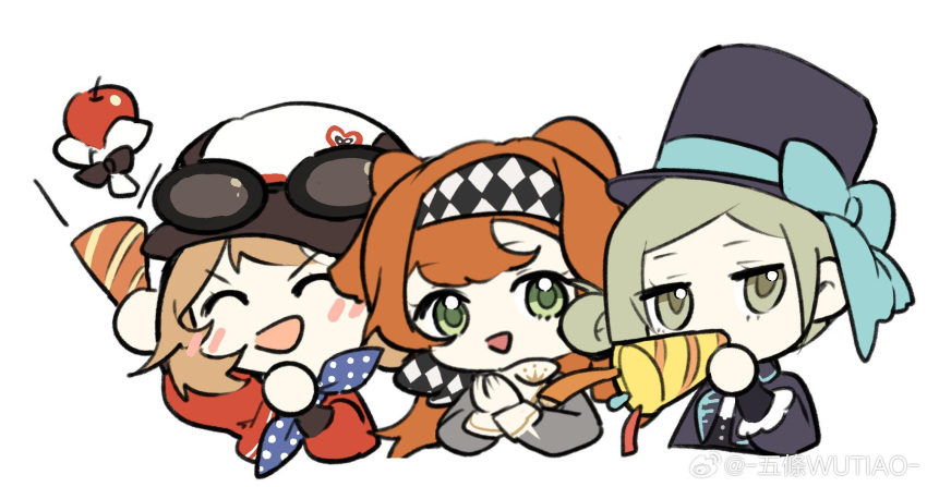 3girls apple_(reverse:1999) blush brown_hair checkered_hairband chibi closed_eyes eyewear_on_head green_eyes grey_eyes grey_hair hair_bun hat highres long_hair looking_at_viewer medium_hair multiple_girls open_mouth orange_hair party_popper regulus_(reverse:1999) reverse:1999 smile sonetto_(reverse:1999) sunglasses top_hat two_side_up vertin_(reverse:1999) very_long_hair wutiao