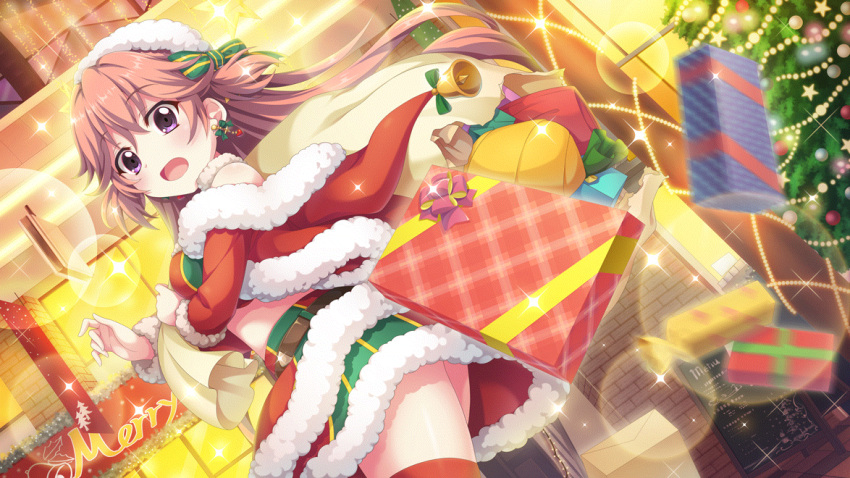 1girl bell belt bow brick_wall brown_belt christmas_lights christmas_ornaments christmas_tree dot_nose dutch_angle earrings falling film_grain from_below game_cg gift green_bow green_skirt haeno_akari hair_bow izumi_tsubasu jewelry layered_skirt lens_flare long_sleeves midriff motion_blur non-web_source off_shoulder official_art open_mouth pink_hair purple_eyes re:stage! red_skirt red_thighhighs santa_costume skirt solo sparkle star_(symbol) thighhighs torn_sack two_side_up window zettai_ryouiki