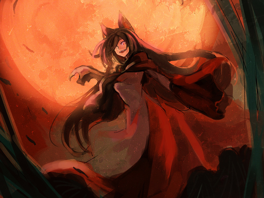 1girl animal_ears azuki_(azuki-taste) bamboo black_hair commentary dress full_moon highres imaizumi_kagerou long_hair looking_at_viewer moon one-hour_drawing_challenge open_mouth outdoors red_dress red_eyes red_moon solo touhou two-tone_dress white_dress wolf_ears wolf_girl