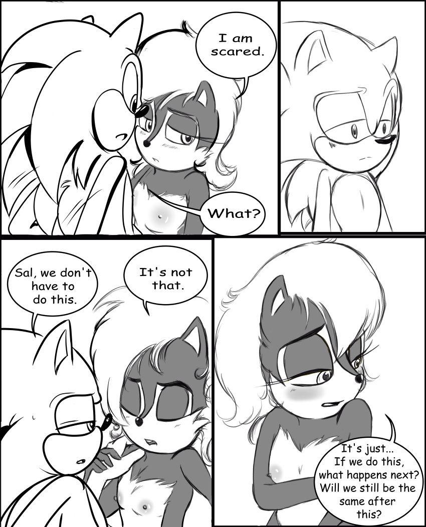 absurd_res anthro archie_comics blush breasts chipmunk comic dawnelle dialogue digital_media_(artwork) duo english_text eulipotyphlan female fur ground_squirrel hair hedgehog hi_res male male/female mammal nipples rodent sally_acorn sciurid sega slice_of_life sonic_the_hedgehog sonic_the_hedgehog_(archie) sonic_the_hedgehog_(comics) sonic_the_hedgehog_(series) straddling text tree_squirrel virgin