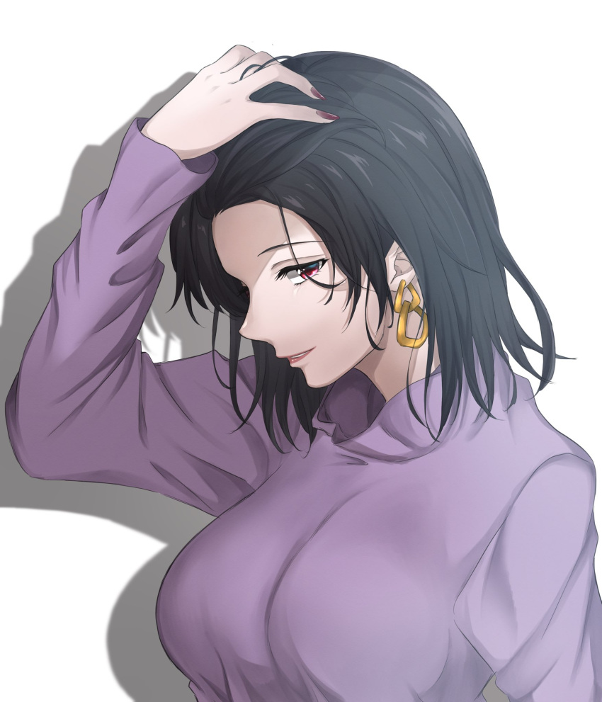 1girl black_hair breasts earrings fake_nails hand_in_own_hair highres hoop_earrings jewelry large_breasts light_(lightpicture33) looking_at_viewer medium_hair nail_polish parted_lips profile purple_sweater red_eyes red_nails simple_background solo sweater turtleneck turtleneck_sweater upper_body white_background yahari_ore_no_seishun_lovecome_wa_machigatteiru. yukinoshita_haruno