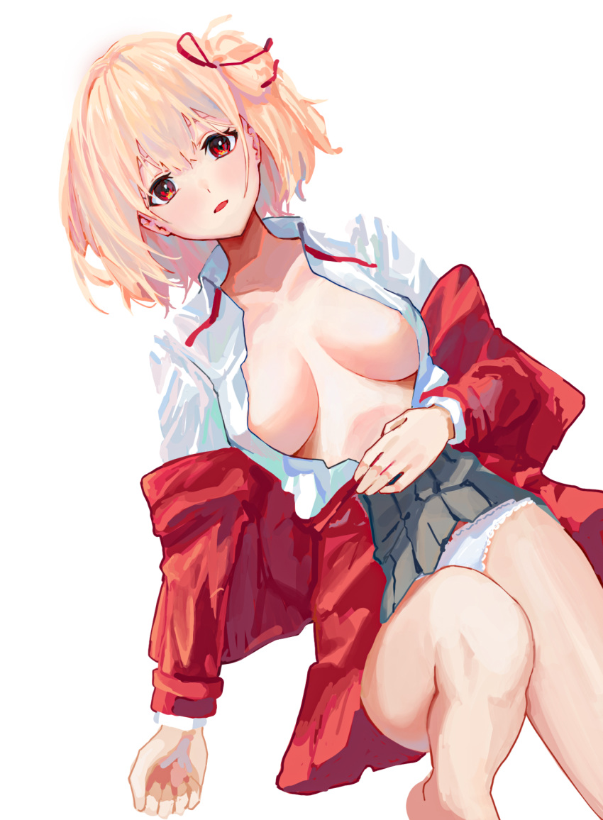 1girl abi_(user_nzav7333) bangs barefoot blonde_hair breasts commentary_request dress grey_dress hair_ribbon highres looking_at_viewer lycoris_recoil lycoris_uniform medium_breasts nishikigi_chisato panties parted_lips partially_undressed pleated_dress red_dress red_eyes ribbon short_hair two-tone_dress underwear white_background white_panties