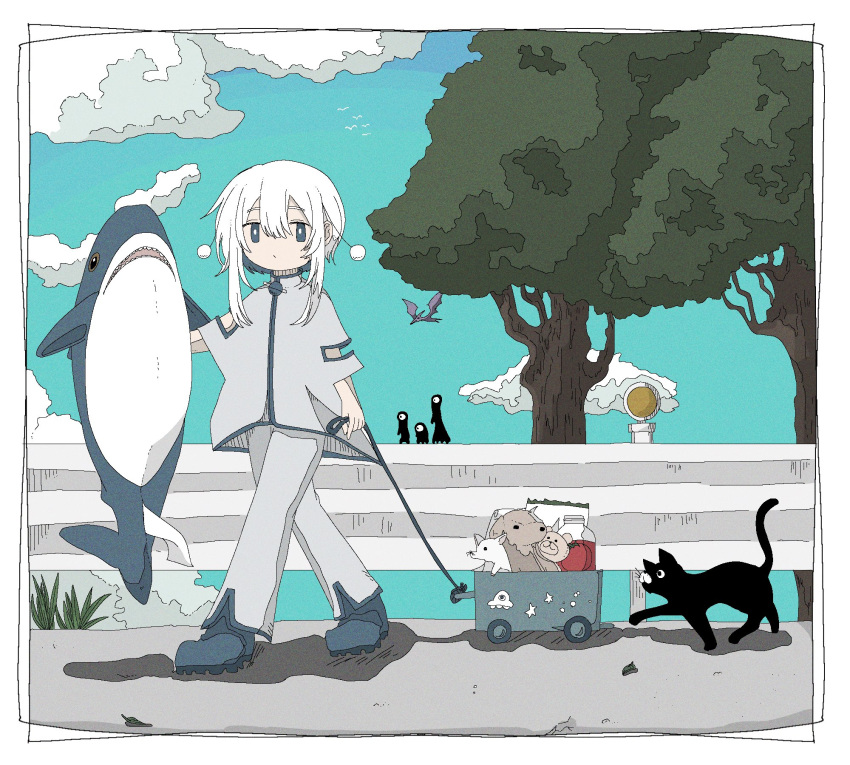 1girl ashi_izumo black_cat blue_eyes blue_footwear blue_sky bright_pupils cat closed_mouth cloud cloudy_sky creature day dot_mouth double-parted_bangs full_body grey_pants grey_shirt guard_rail hair_between_eyes highres holding holding_stuffed_toy ikea_shark jitome original outdoors pants pterosaur shirt shoes short_hair_with_long_locks sidewalk sky solo standing stuffed_animal stuffed_shark stuffed_toy toy_wagon tree walking white_hair white_pupils