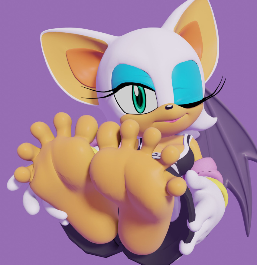 2021 3d_(artwork) 5_toes anthro barefoot bat breasts clothing digital_media_(artwork) eyeshadow feet female fingers foot_focus fur gloves handwear hi_res humanoid_feet inkicrow lipstick looking_at_viewer makeup mammal membrane_(anatomy) membranous_wings one_eye_closed plantigrade presenting rouge_the_bat sega simple_background soles solo sonic_riders sonic_the_hedgehog_(series) spread_toes tan_body tan_skin toes white_body white_fur wings wink