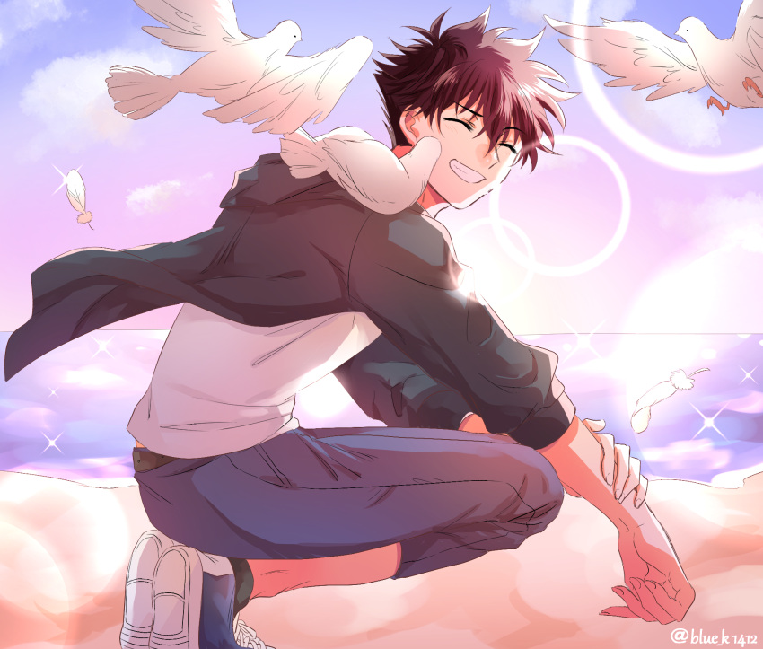 1boy bird black_jacket blue_pants brown_hair chagumi closed_eyes dove feathers fingernails grin hand_on_own_arm happy highres jacket kuroba_kaito lens_flare magic_kaito male_focus outdoors pants shirt shoes short_hair smile sneakers squatting white_bird white_feathers white_shirt