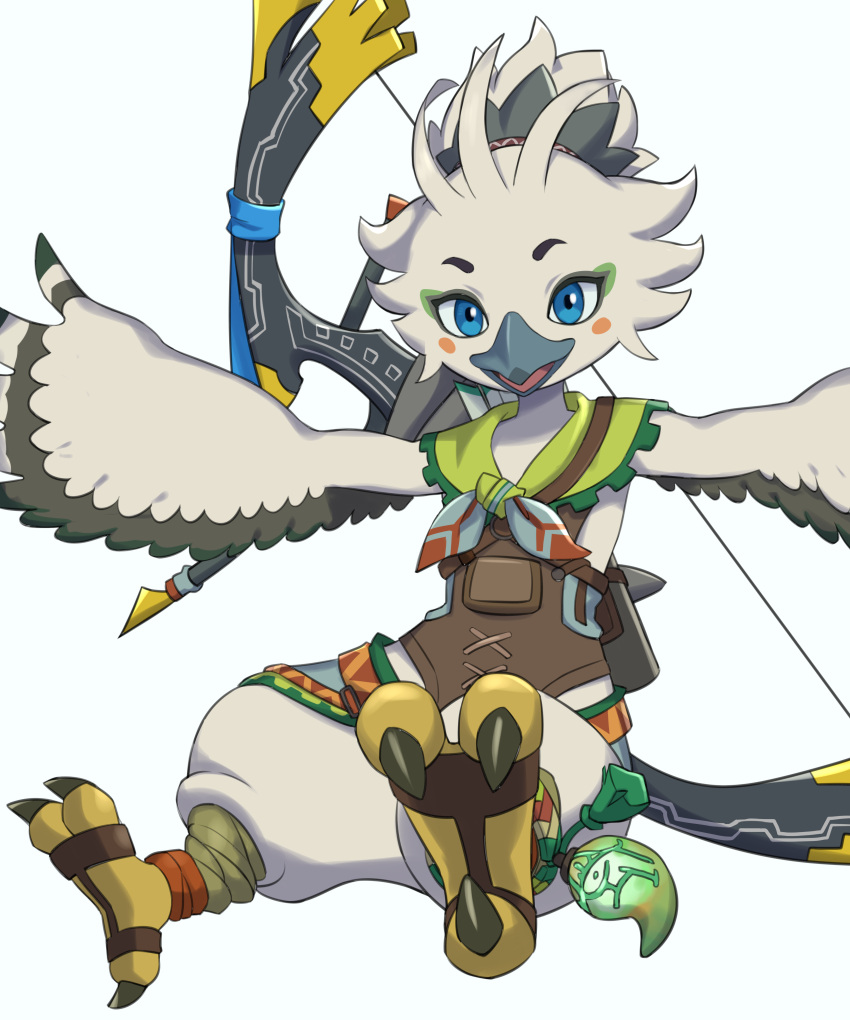 absurd_res anthro avian avian_feet beak bird black_body black_feathers blue_eyes brown_clothing clothed clothing feathers flowerpigeon73 green_clothing hi_res multicolored_body multicolored_feathers nintendo open_beak open_mouth pink_tongue rito solo the_legend_of_zelda tongue white_body white_feathers