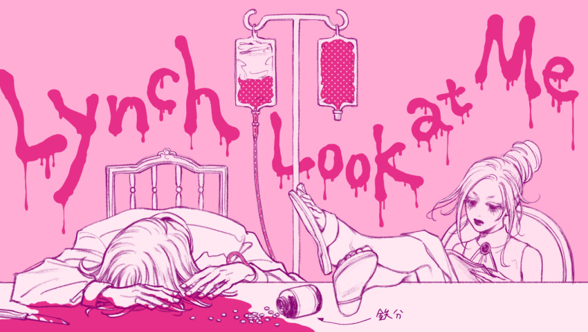 1girl bella_scottland bleeding blood blood_bag blood_on_knife eyelashes grey_hair hair_between_eyes hunter_x_hunter intravenous_drip knife lipstick lynch_fullbokko makeup pill pink_background reading sandals short_hair white_hair zakuro_custard