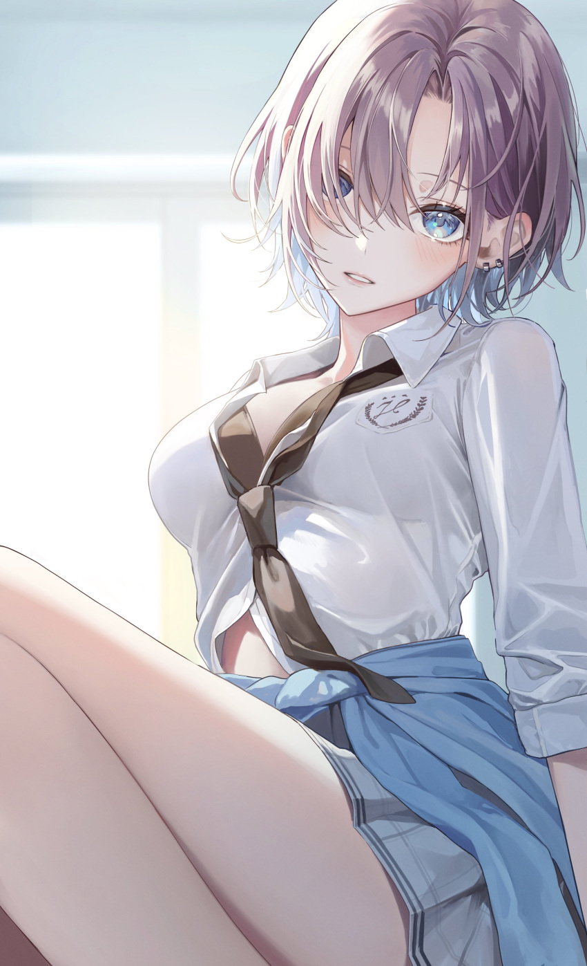 1girl absurdres asakura_toru belly black_bra black_necktie bloom blue_eyes blue_jacket blush bra breast_pocket breasts clothes_around_waist collared_shirt earrings foot_out_of_frame grey_hair grey_skirt highres idolmaster idolmaster_shiny_colors jacket jacket_around_waist jewelry looking_at_viewer magako medium_breasts necktie open_clothes open_shirt parted_bangs parted_lips plaid plaid_skirt pocket school_uniform shirt sitting skirt solo thighs underwear white_shirt