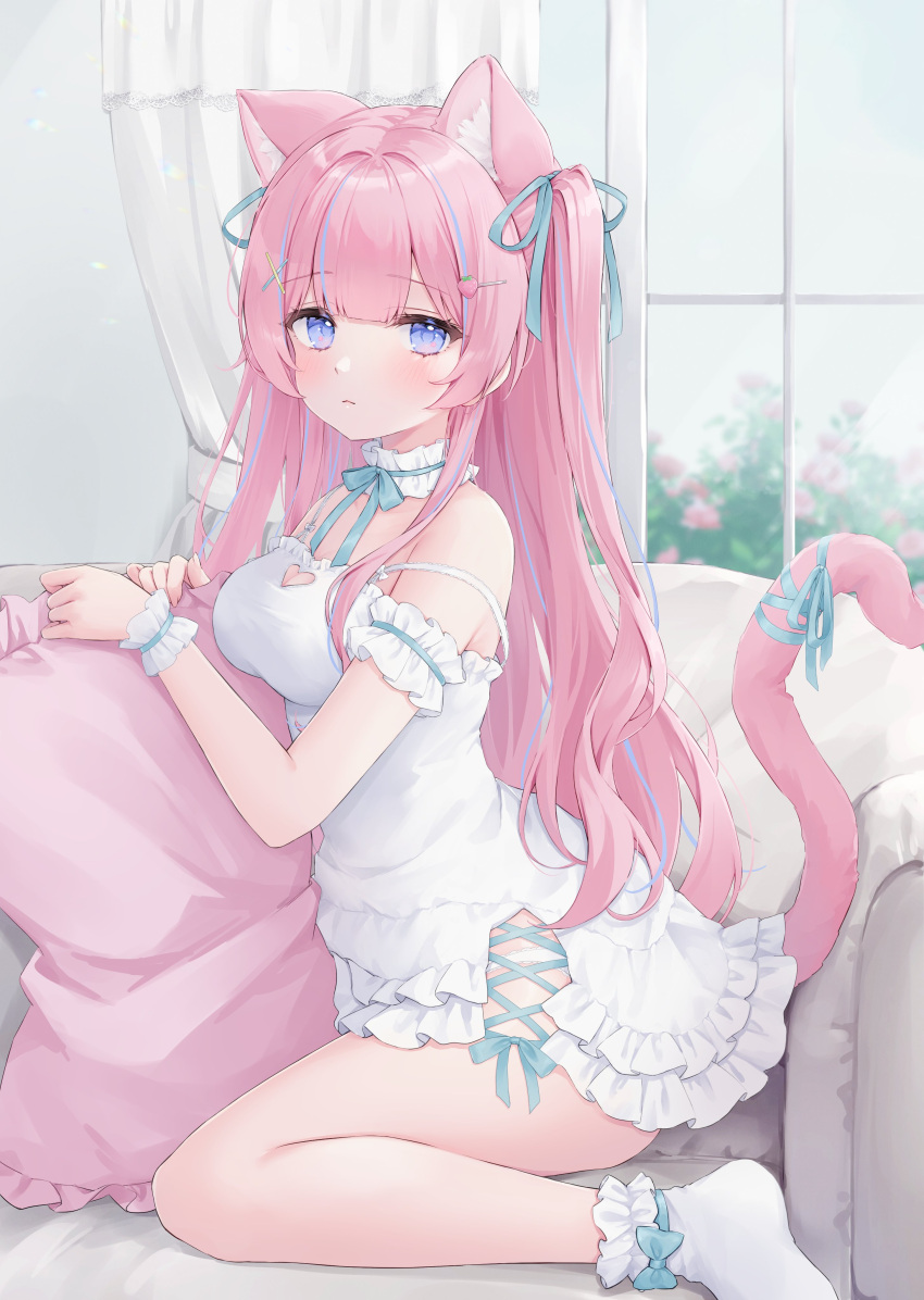 :&lt; absurdres animal_ear_fluff animal_ears armband bare_shoulders blue_eyes blue_hair blue_ribbon cat_ears cat_girl cat_tail choker cleavage_cutout clothing_cutout couch dress extra_ears food-themed_hair_ornament frilled_armband frilled_choker frilled_dress frilled_socks frills hair_ornament hair_ribbon highres indie_virtual_youtuber itigori_ena kneeling looking_at_viewer on_couch pink_hair ribbon shano_hiyori socks strawberry_hair_ornament tail tail_ornament tail_ribbon virtual_youtuber white_dress window