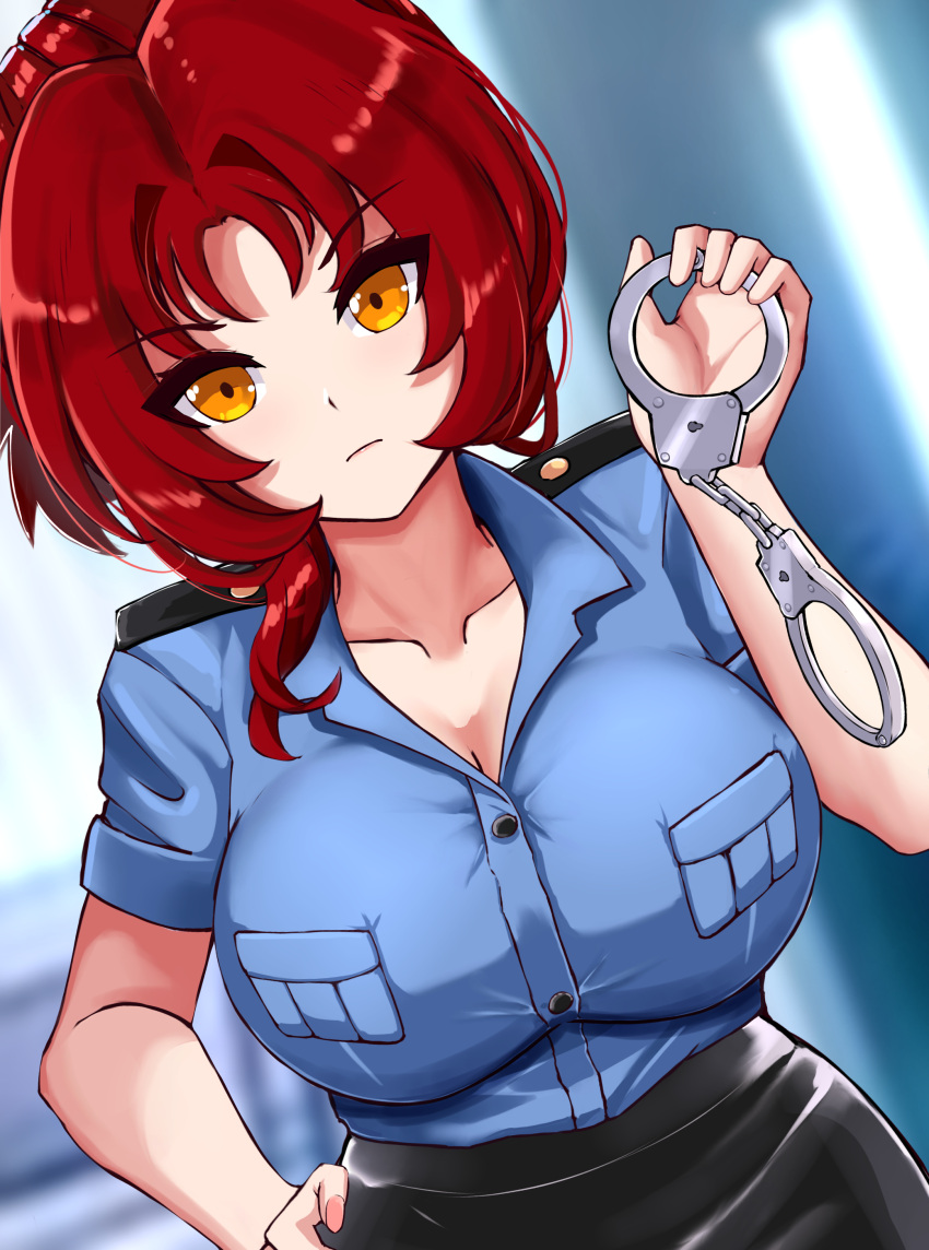 1girl absurdres black_skirt blue_shirt breasts buttons cleavage closed_mouth collarbone cuffs english_commentary fingernails hand_on_own_hip handcuffs highres holding holding_handcuffs honkai_(series) honkai_impact_3rd large_breasts looking_at_viewer murata_himeko paid_reward_available police police_uniform policewoman red_hair shirt short_sleeves skirt slash-ex solo uniform yellow_eyes