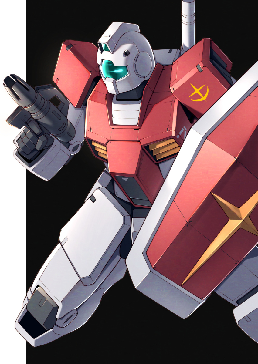 absurdres arm_shield assault_visor black_background commentary earth_federation gm_(mobile_suit) gun gundam highres holding holding_gun holding_weapon mecha mobile_suit mobile_suit_gundam no_humans robot science_fiction solo takahashi_masaki two-tone_background weapon white_background