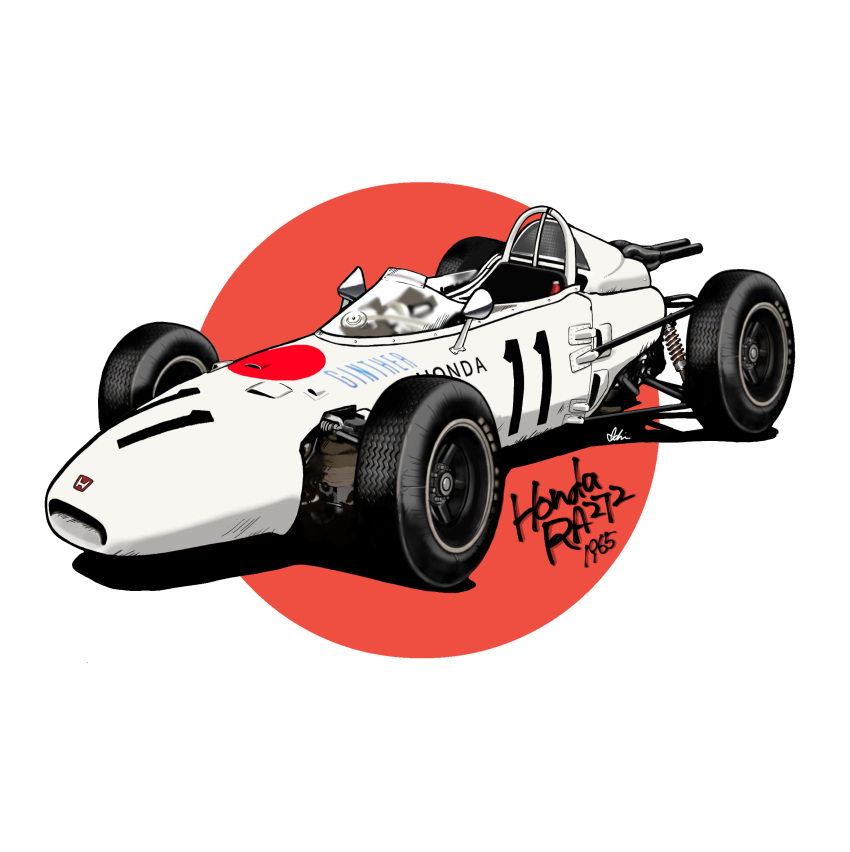 car commentary company_name exhaust_pipe formula_one highres honda honda_ra272 motor_vehicle no_humans race_vehicle racecar red_circle rollcage shadow signature simple_background user_smmr5843 white_background white_car