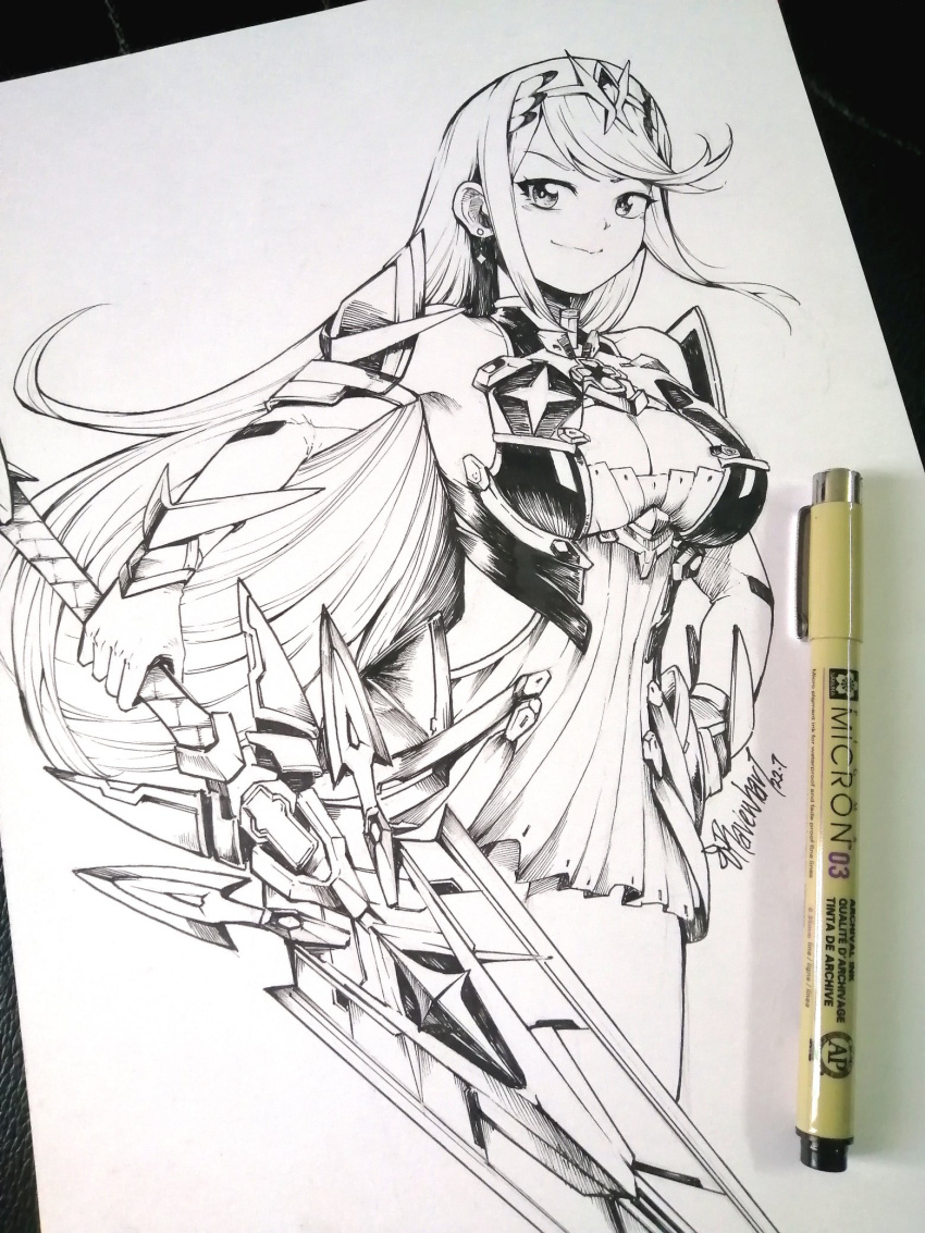 1girl bare_shoulders breasts cleavage closed_mouth commentary dress english_commentary gloves hand_on_own_hip headpiece highres holding holding_sword holding_weapon large_breasts looking_at_viewer mythra_(xenoblade) photo_(medium) pleated_dress ravenhart signature smile solo sword traditional_media weapon xenoblade_chronicles_(series) xenoblade_chronicles_2
