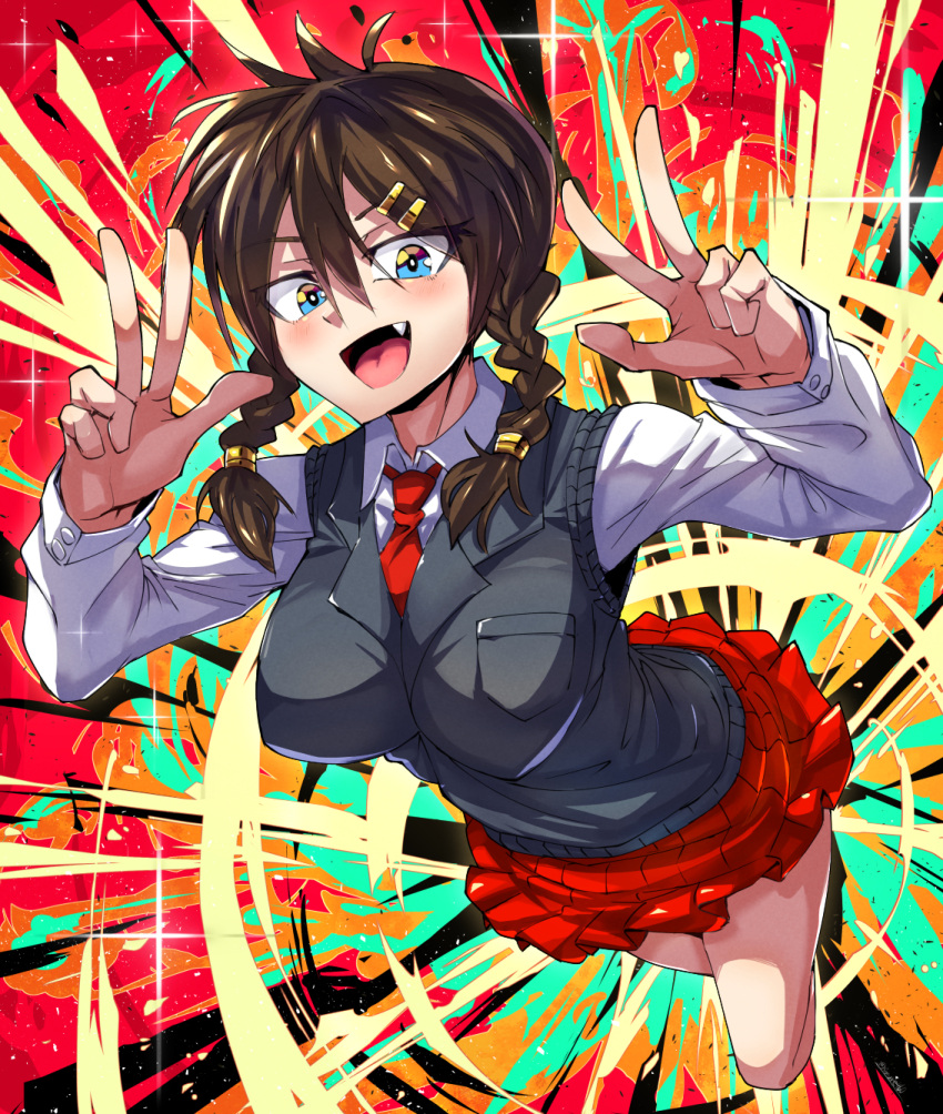 1girl :d blue_eyes braid breast_pocket breasts brown_hair cardigan cardigan_vest collared_shirt commentary_request double_w fang grey_cardigan hair_ornament hairclip highres large_breasts looking_at_viewer low_twin_braids medium_hair miniskirt multicolored_background necktie open_mouth original pleated_skirt pocket red_necktie red_skirt school_uniform shimure_(460) shirt skirt smile solo twin_braids w white_shirt