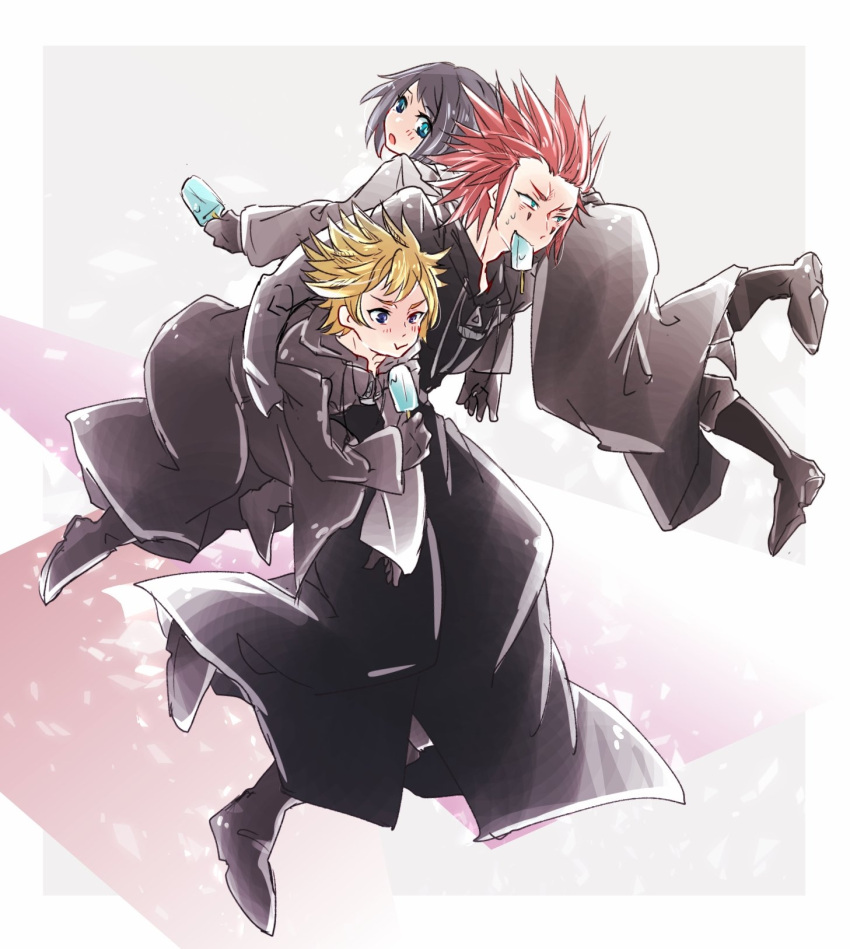 1001593 1girl 2boys abstract_background axel_(kingdom_hearts) black_coat_(kingdom_hearts) black_footwear black_gloves black_hair blonde_hair blue_eyes eating food gloves highres ice_cream kingdom_hearts lifting_person multiple_boys nobody_(kingdom_hearts) red_hair roxas spiked_hair xion_(kingdom_hearts)