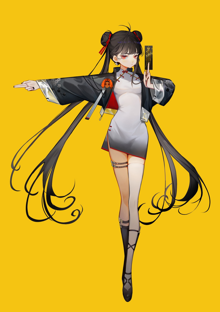 1girl ahoge belt black_hair black_nails braid braided_bun china_dress chinese_clothes double_bun dress earrings gradient_dress hair_bun hair_spread_out highres holding jewelry long_hair looking_at_viewer original outstretched_arm pointing pointing_to_the_side red_eyes side_slit simple_background single_thighhigh standing talisman thigh_belt thigh_strap thighhighs white_thighhighs yamakawa_(huangquanmonu) yellow_background yin_yang yin_yang_earrings