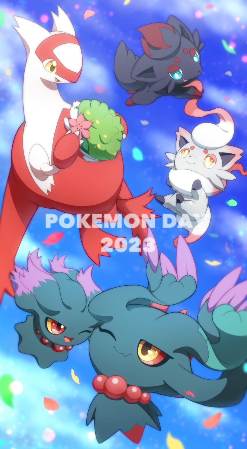 ;d absurdres bead_necklace beads blue_eyes blue_sky bright_pupils claws closed_mouth colored_sclera commentary_request dated day fang flower flutter_mane highres hisuian_zoroark jewelry latias misdreavus monaka_(hc_pkmn) necklace no_humans one_eye_closed open_mouth outdoors petals pink_flower pokemon pokemon_(creature) red_eyes red_sclera shaymin shaymin_(land) skin_fang sky smile white_pupils yellow_eyes yellow_sclera zoroark