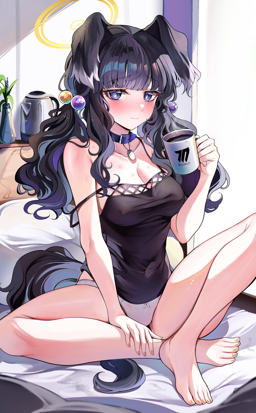 1girl absurdres animal_ears barefoot black_camisole black_hair blue_archive blush breasts camisole closed_mouth collar collarbone covered_nipples cup day dog_ears hair_bobbles hair_ornament halo hand_on_own_leg hibiki_(blue_archive) highres holding holding_cup indoors large_breasts long_hair looking_at_viewer no_pants panties plant sak_(lemondisk) solo strap_slip tail thighs underwear white_panties
