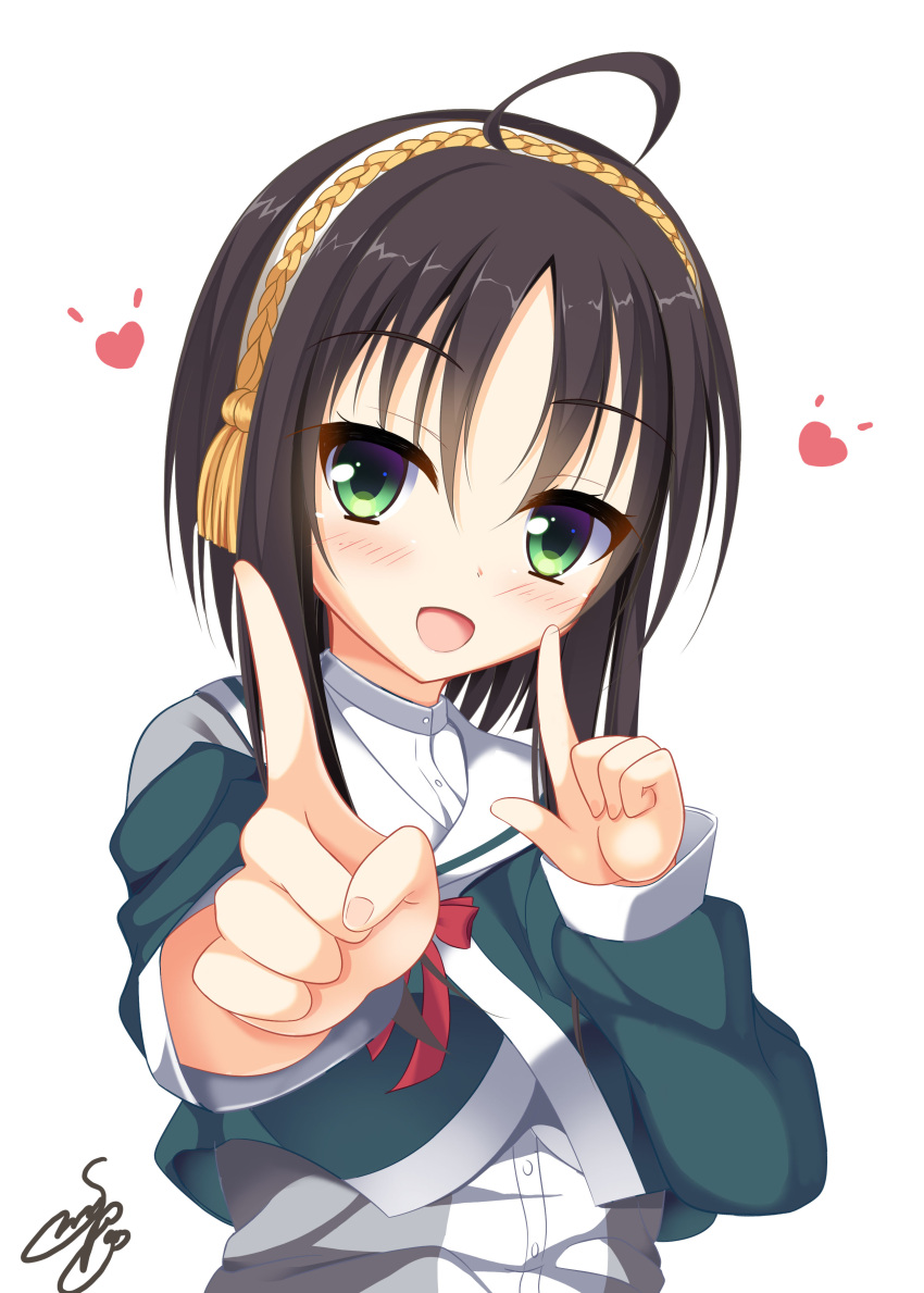 1girl :d absurdres ahoge black_hair blush commentary cropped_jacket eyelashes fingernails foreshortening green_eyes green_jacket hair_between_eyes hair_ornament hairband hands_up happy heart highres hitachi_mako index_fingers_raised jacket koi_dance long_sleeves looking_at_viewer official_alternate_costume open_mouth parted_bangs sailor_collar school_uniform senren_banka shirt short_hair_with_long_locks shrimp_3 signature simple_background smile solo straight_hair tassel tassel_hair_ornament upper_body white_background white_hairband white_sailor_collar white_shirt yellow_tassel