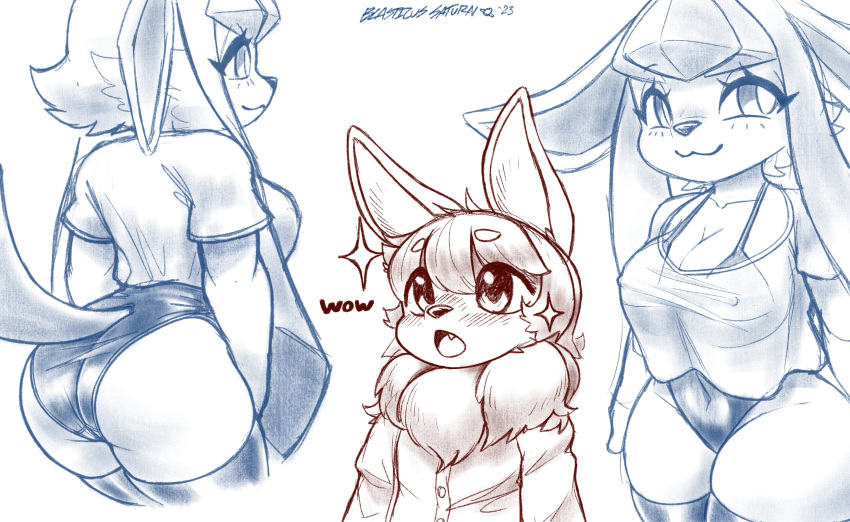 2023 absurd_res anthro artist_name baggy_clothing baggy_shirt baggy_topwear big_breasts black_nose blasticussaturn blush breasts butt canid canine chest_tuft cleavage clothed clothing digital_media_(artwork) duo eevee eeveelution english_text eyelashes female fur generation_1_pokemon generation_4_pokemon glaceon hair hi_res legwear leotard looking_back male mammal monochrome navel_outline nintendo nipple_outline open_mouth pokemon pokemon_(species) rear_view shirt signature simple_background slushie_(blasticussaturn) smile snaggle_tooth sparkles standing stockings tail text thick_thighs topwear translucent translucent_clothing tuft