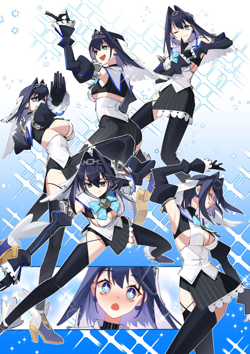 +_+ 1girl absurdres adarin arms_up black_gloves black_thighhighs blue_background blue_bow blue_eyes blue_footwear blue_hair blue_ribbon blush bow bow_earrings breasts chain chain_headband cleavage_cutout closed_eyes clothing_cutout collar detached_sleeves earrings english_commentary gloves groin hair_intakes head_chain heart high_heels highres hololive hololive_english jewelry large_breasts looking_at_viewer micro_shorts miniskirt multicolored_hair multiple_views one_eye_closed open_mouth ouro_kronii ouro_kronii_(1st_costume) pointing ribbon shirt short_hair shorts sideboob skirt sleeveless sleeveless_shirt sparkle sparkling_eyes thighhighs underboob underboob_cutout veil virtual_youtuber yellow_footwear
