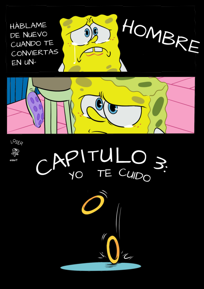 anthro bodily_fluids buckteeth cephalopod coleoid comic crying detailed_background duo frown hi_res inside male marine mollusk nickelodeon octopodiform octopus pancaketiffy ring_(jewelry) sea_sponge spanish_text spongebob_squarepants spongebob_squarepants_(character) tears teeth text translation_check translation_request