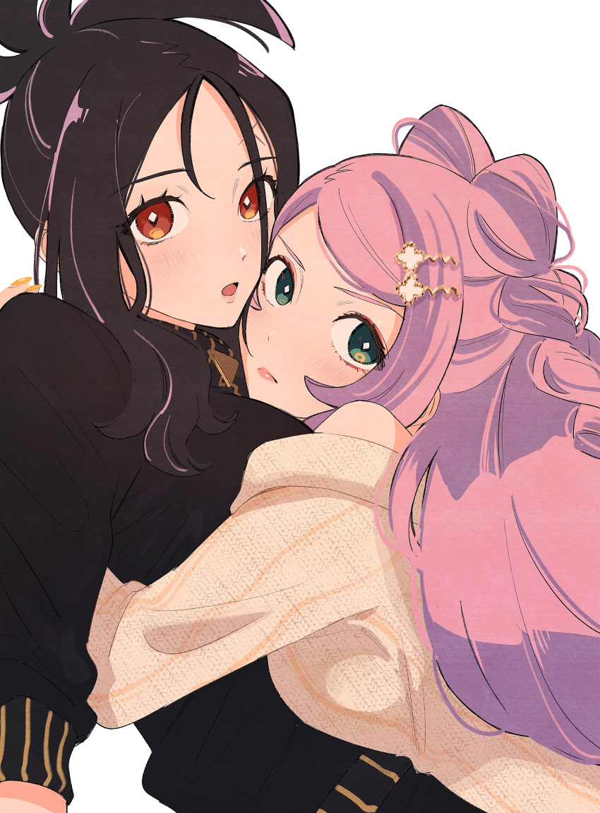 2girls :o absurdres black_hair black_jacket blush closed_mouth commentary_request dendra_(pokemon) eyelashes eyeshadow from_side green_eyes hair_ornament hairclip highres hug jacket long_hair looking_back makeup miriam_(pokemon) multiple_girls open_mouth osg_pk pink_eyeshadow pink_hair pokemon pokemon_(game) pokemon_sv sidelocks sweater white_background yellow_sweater yuri zipper_pull_tab