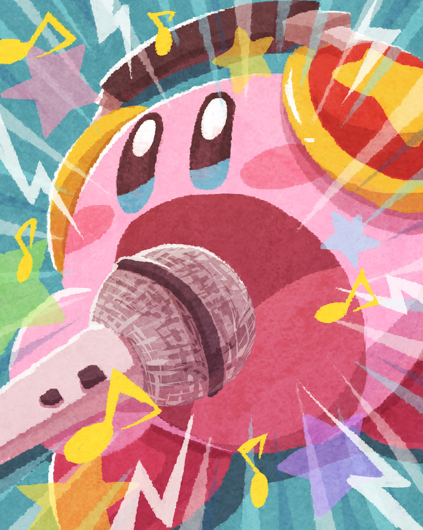 blue_eyes blush_stickers commentary copy_ability emphasis_lines headphones highres holding holding_microphone kirby kirby_(series) miclot microphone mike_kirby music musical_note no_humans open_mouth pink_footwear shoes singing