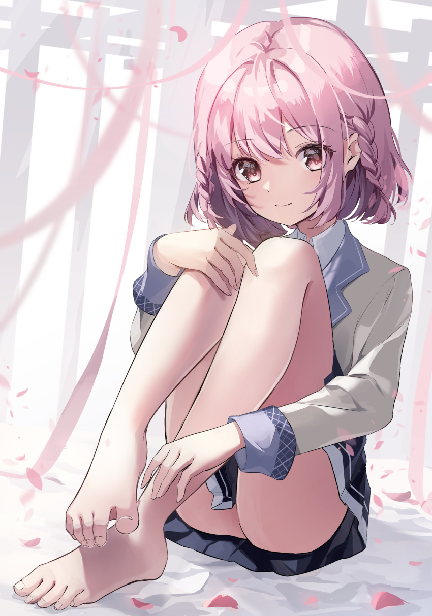 1girl barefoot black_skirt blush braid closed_mouth collared_shirt eyelashes falling_petals feet full_body grey_background grey_jacket hand_up highres hoshizaki_akari jacket knees_together_feet_apart knees_up legs looking_at_viewer medium_hair miniskirt ongeki petals pink_eyes pink_hair pink_ribbon pleated_skirt ribbon school_uniform shirt sitting skirt solo thighs toenails toes user_uyng7558