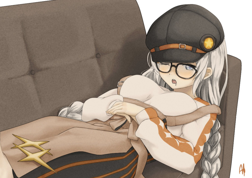 1girl a.i._voice black_headwear blue_eyes blush braid breasts breasts_apart brown_skirt cabbie_hat commentary couch drooling glasses grey_hair hands_on_stomach hat high-waist_skirt highres kizuna_akari kizuna_akari_(a.i._voice) large_breasts long_hair long_skirt long_sleeves looking_at_viewer low_twin_braids lying on_back on_couch one_eye_closed signature simple_background skirt sleeping solo suspender_skirt suspenders suspenders_slip sweater twin_braids underbust voiceroid white_background white_sweater yukkuri_bitto