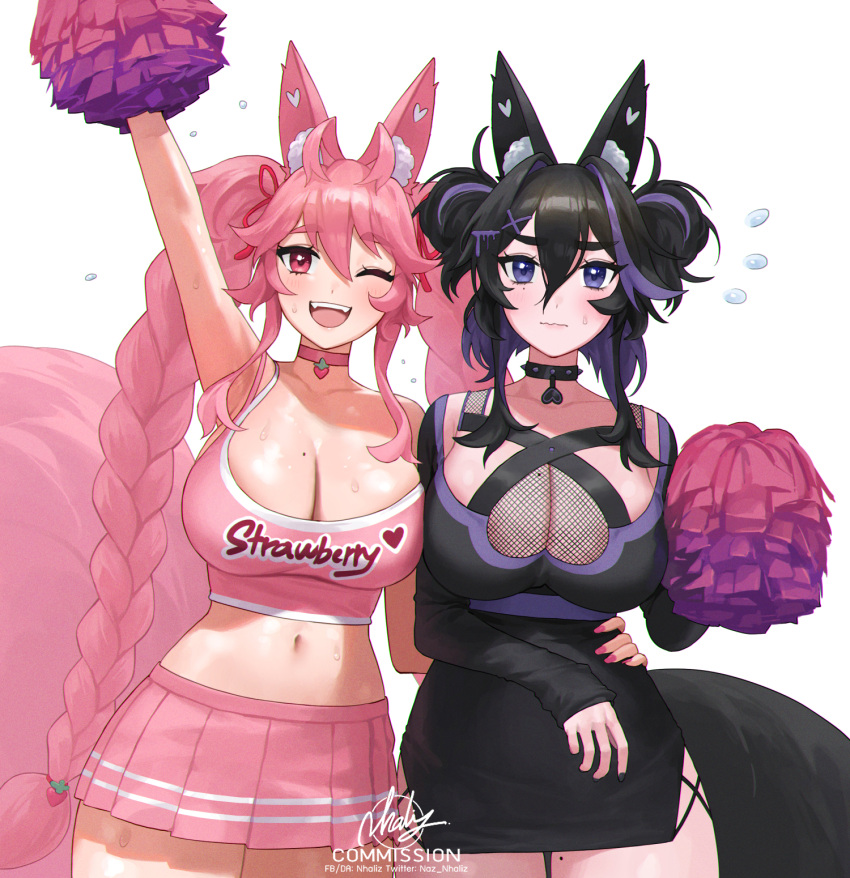 2girls :d animal_ears arm_up black_dress black_hair braid breasts cheerleader choker cleavage clothes_writing commission crop_top double_bun dress flying_sweatdrops fox_ears fox_girl fox_tail hair_between_eyes hair_bun hair_ornament hand_on_another's_waist highres indie_virtual_youtuber kireina_(osiimi) kuroina_(osiimi) large_breasts large_tail long_hair midriff miniskirt mole mole_on_breast mole_on_thigh multicolored_hair multiple_girls navel nhaliz one_eye_closed pink_eyes pink_hair pleated_skirt pom_pom_(cheerleading) purple_eyes purple_hair reluctant short_dress signature skirt sleeves_past_wrists smile spiked_choker spikes streaked_hair sweat tail thick_eyebrows twin_braids twitter_username very_long_hair virtual_youtuber wavy_mouth x_hair_ornament