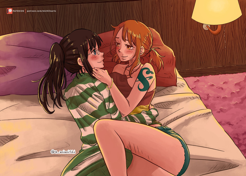 2girls a_mimishi artist_name bare_shoulders black_hair blue_eyes blue_tattoo blush bracelet breasts brown_eyes cuddling denim denim_shorts glasses green_shirt green_skirt green_sweater highres huge_breasts indoors jewelry large_breasts long_hair looking_at_another lying miniskirt multicolored_shirt multiple_girls nami_(one_piece) nico_robin official_alternate_costume on_bed on_side one_piece one_piece:_strong_world orange_hair patreon_logo patreon_username pillow ponytail red_shirt shirt short_shorts shorts shoulder_tattoo skirt sleeveless sleeveless_shirt smile striped striped_sweater sweater tattoo watermark web_address white_sweater yellow_shirt yuri