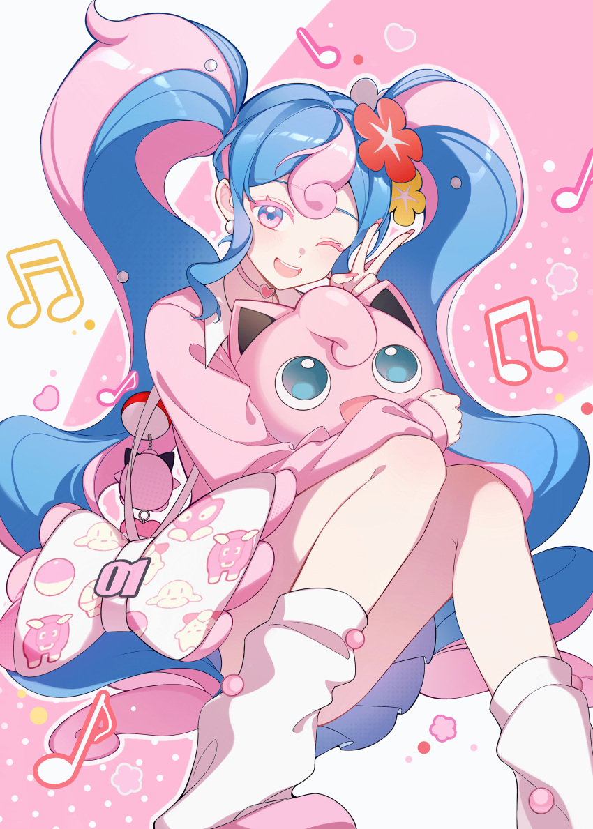 absurdres bag bull_sprite_(pokemon) cardigan choker clefairy_sprite_(pokemon) earrings fairy_miku_(project_voltage) fish_sprite_(pokemon) flower hair_flower hair_ornament hatsune_miku heart heart_choker highres jewelry jigglypuff kanvien leg_warmers long_hair multicolored_hair musical_note nail_polish open_mouth pink_cardigan pink_nails poke_ball pokemon pokemon_(creature) project_voltage shoulder_bag twintails two-tone_hair v very_long_hair vocaloid