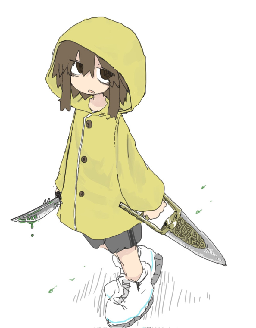 1girl arms_at_sides bags_under_eyes blood blood_drip blood_on_knife boots brown_eyes brown_hair dagger from_above frown full_body green_blood grey_shorts highres holding holding_knife holding_weapon hood hood_up hooded_coat jamadhar knife looking_at_viewer looking_to_the_side looking_up medium_hair open_mouth original shorts sidelocks solo standing torosakana weapon white_background white_footwear yellow_raincoat