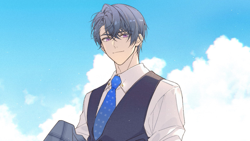 1boy black_hair black_vest blue_necktie blue_sky closed_mouth cloud day hair_between_eyes highres jiukuzi18797 looking_at_viewer male_focus marius_von_hagen_(tears_of_themis) necktie outdoors purple_eyes shirt sky smile solo tears_of_themis thick_eyebrows upper_body vest white_shirt