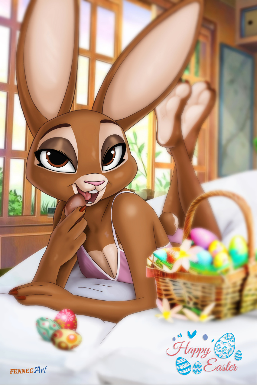 2023 4_fingers absurd_res anthro artist_name barefoot basket bed bedding breasts brown_body brown_fur buckteeth cleavage clothed clothing container detailed_background easter easter_egg english_text eyebrows eyelashes feet female fennecart fingers fur furniture half-closed_eyes hi_res holidays inside lagomorph leporid looking_at_viewer lying mammal medium_breasts narrowed_eyes on_front open_mouth open_smile panties pink_nose rabbit shirt smile soles solo tank_top teeth text tongue topwear underwear window