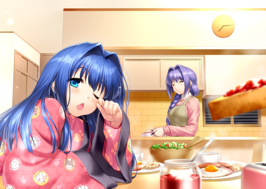 2girls ^_^ animal_print apron aqua_eyes arm_support blue_hair blurry blush breakfast brown_apron cat_print chestnut_mouth clock closed_eyes cup day depth_of_field drooling eyelashes facing_viewer food fried_egg hair_between_eyes hair_intakes hand_up highres indoors jam kanon leaning_forward long_hair long_sleeves looking_at_viewer messy_hair minase_akiko minase_nayuki morning mother_and_daughter mouth_drool multiple_girls non-web_source one_eye_closed open_mouth pajamas paw_print pink_pajamas pink_sweater purple_hair rubbing_eyes salad sitting sleepy smile standing steam straight_hair sweater table toast wide_sleeves zen_(kamuro)