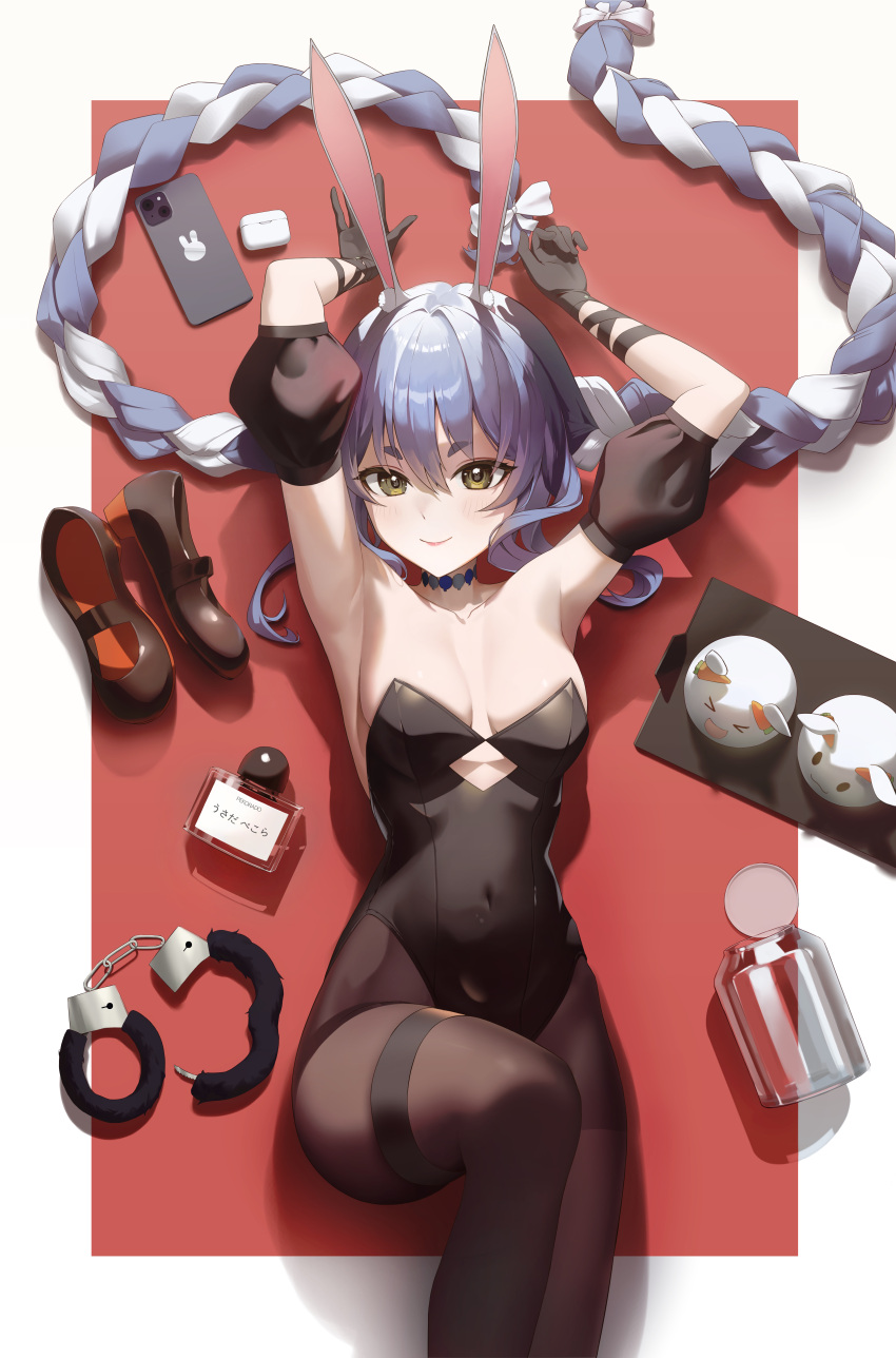 1girl absurdres animal_ear_fluff animal_ears armpits arms_up bare_shoulders black_footwear black_gloves black_leotard black_pantyhose blue_hair blush border bow braid breasts carrot covered_navel detached_sleeves from_above fur_cuffs gloves green_eyes hair_between_eyes hair_bow highres hololive leotard long_hair looking_at_viewer lying mary_janes medium_breasts multicolored_hair on_back pantyhose pekomon_(usada_pekora) playboy_bunny puffy_short_sleeves puffy_sleeves rabbit-shaped_pupils rabbit_ears rabbit_girl rkin shoes shoes_removed short_eyebrows short_sleeves solo symbol-shaped_pupils thick_eyebrows thigh_strap twin_braids twintails two-tone_hair usada_pekora virtual_youtuber white_border white_bow white_hair