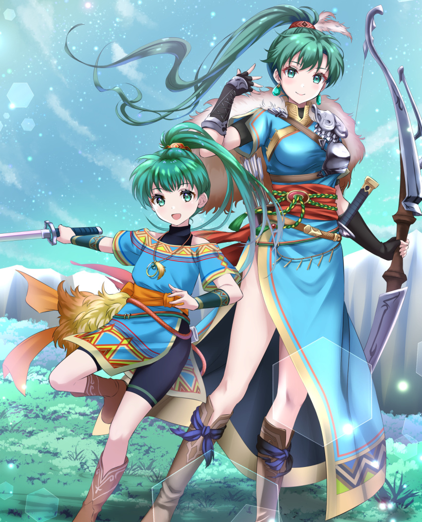 2girls age_progression aged_down black_gloves black_shirt black_shorts blue_sky boots bow_(weapon) breasts child dress earrings female_child fingerless_gloves fire_emblem fire_emblem:_the_blazing_blade fire_emblem_heroes gloves green_eyes green_hair high_ponytail highres holding holding_bow_(weapon) holding_sword holding_weapon jewelry kakiko210 long_hair looking_at_viewer lyn_(fire_emblem) multiple_girls official_alternate_costume pelvic_curtain ponytail rope_belt shirt shorts sky sword very_long_hair weapon